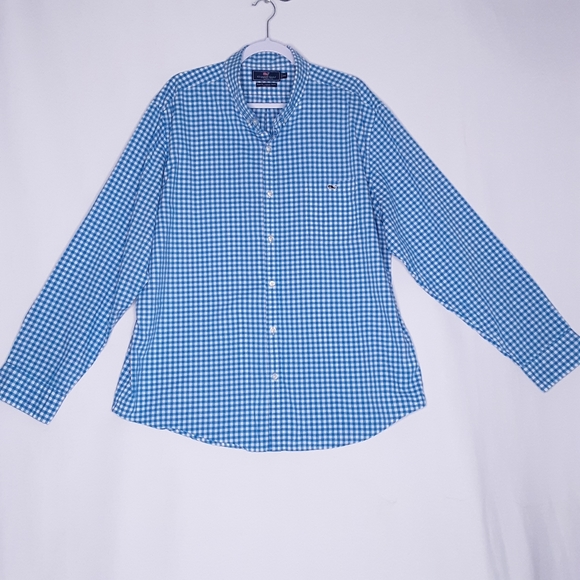 Vineyard Vines Aqua Blue & White Gingham Plaid Slim Fit Tucker Shirt Size XXL - Picture 1 of 8